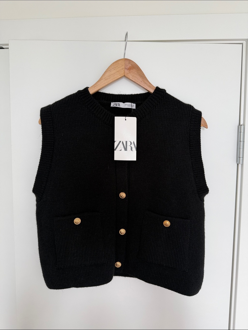 ZARA Black Knit Vest with Gold Button Details